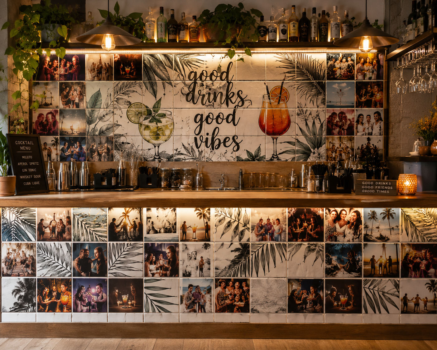 Bar z dużą ceramiczną mozaiką na ścianie za ladą z napisem good drinks good vibes