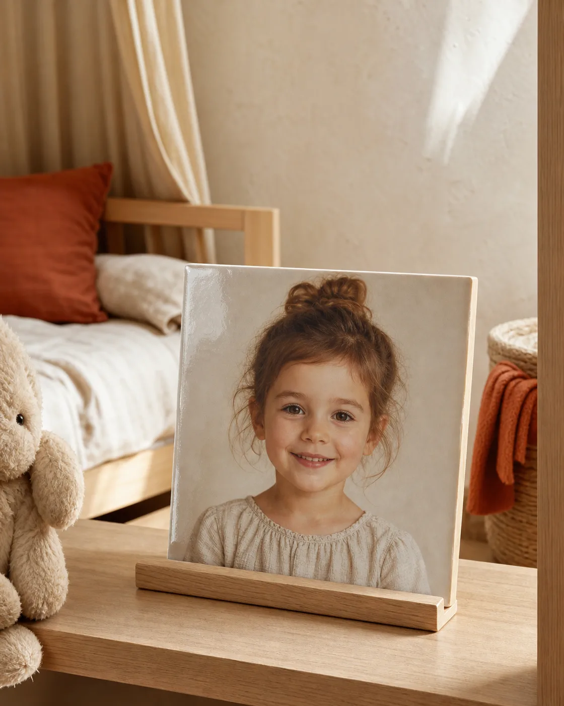 Ceramiczny kafelek z portretem dziewczynki na dębowej podstawce w dziecięcym pokoju