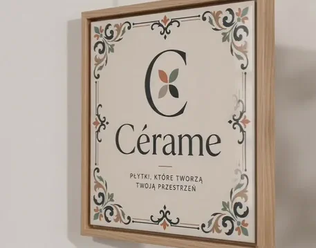 Dekoracyjny kafelek Cérame w drewnianej ramie obracający się na jasnym tle