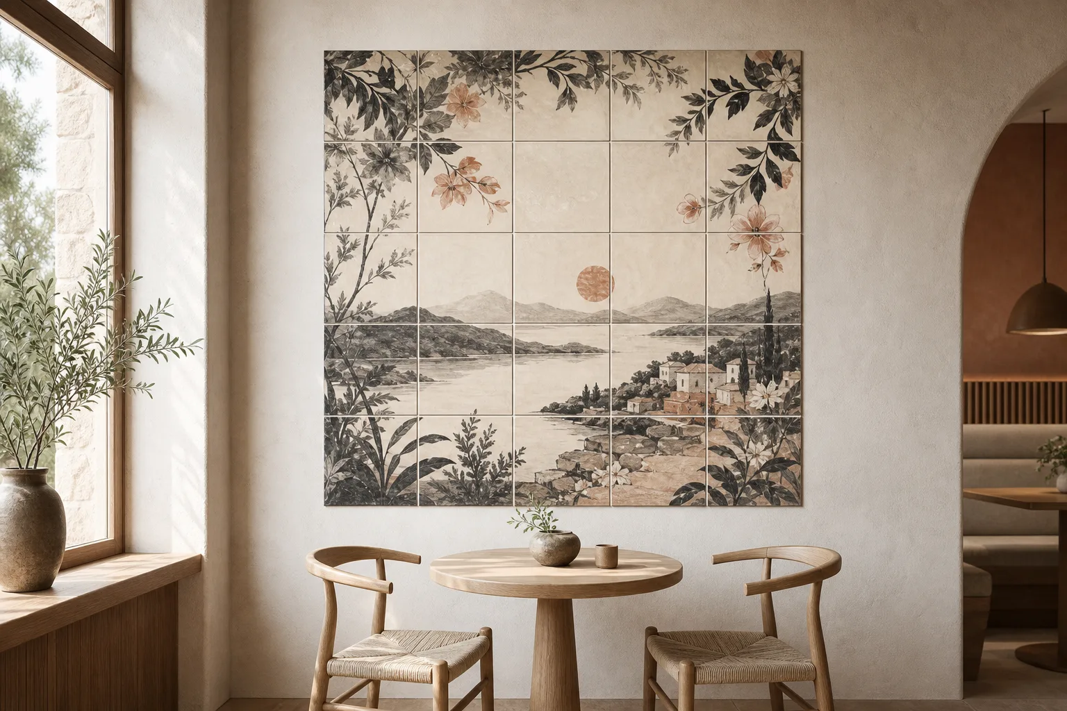 Koncepcyjny panel ceramiczny z botanicznym wzorem na ścianie