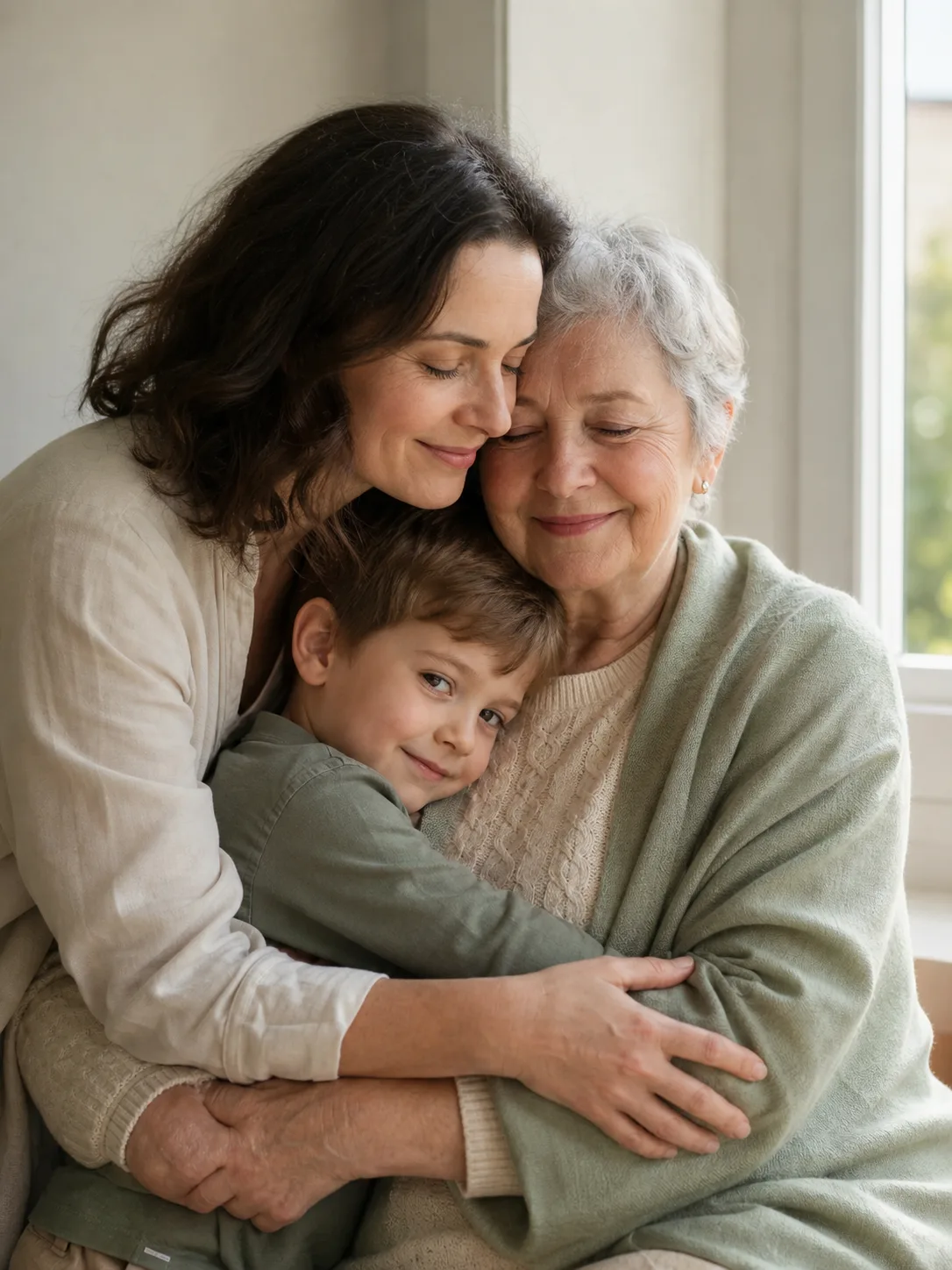 Babcia, mama i wnuk przytuleni przy jasnym oknie