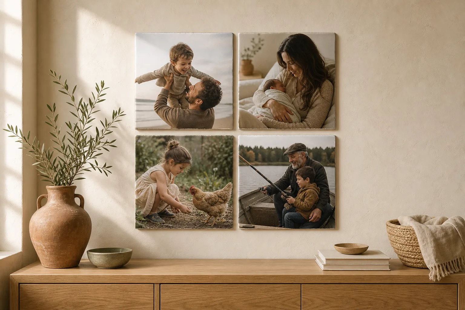 Cztery ceramiczne kafelki z rodzinnymi wspomnieniami na jasnej ścianie